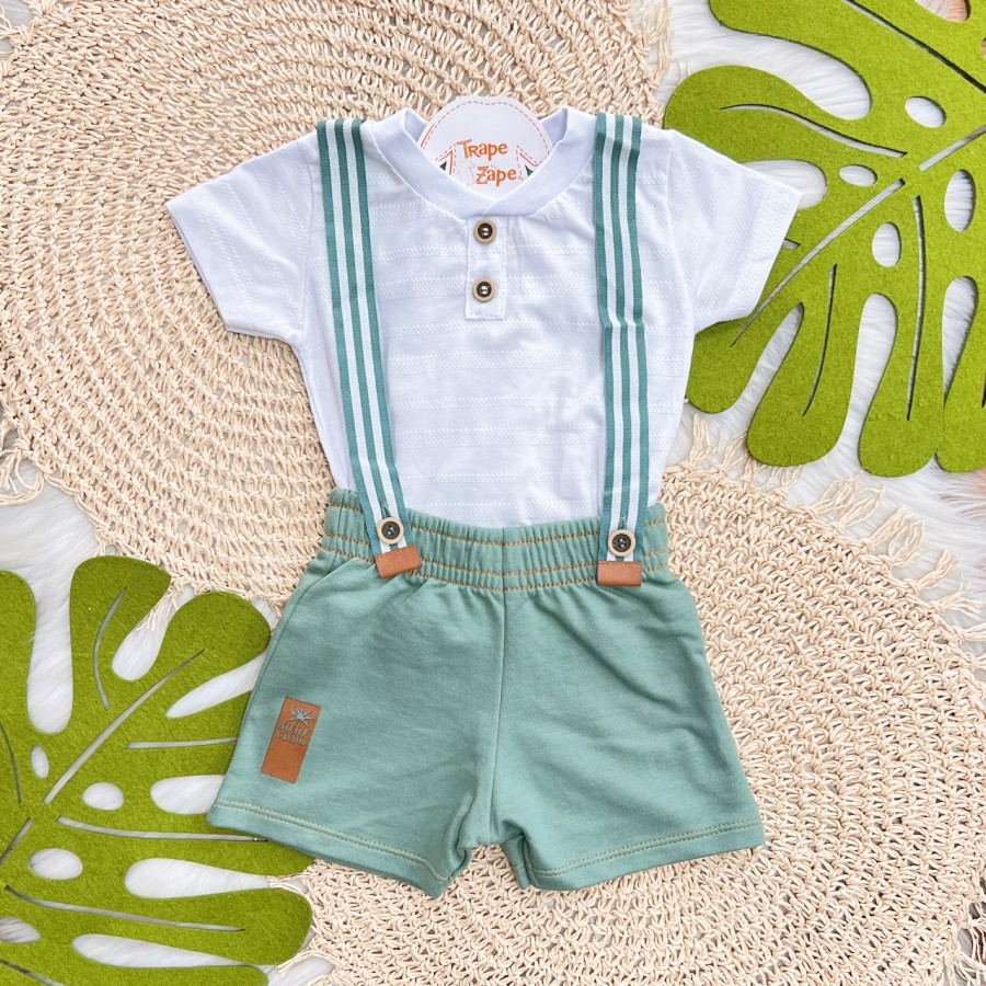 Conj. Camiseta e Bermuda com Suspensório - Branco e Verde 